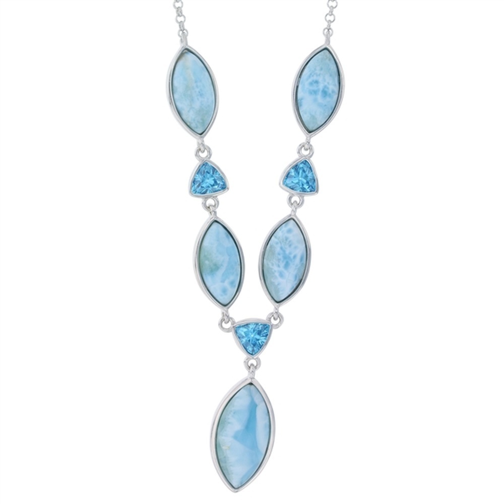 925 Sterling Silver Larimar Marquise Shape 6mm Trillion Aqua CZ Necklace 16"+2"